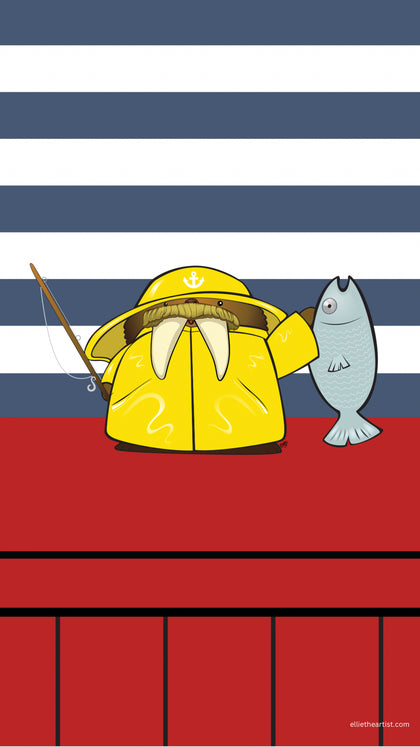 A cartoon illustration of a yellow walrus fisherman character wearing a yellow hat and holding a fishing rod and a gray fish in the other on a red pier with a navy blue and white striped nautical background.
