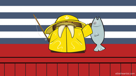 A stylized cartoon illustration of a walrus in a yellow raincoat with a large bushy mustache and a fishing rod, holding a gray fish against a striped blue, white, and red nautical pier background.