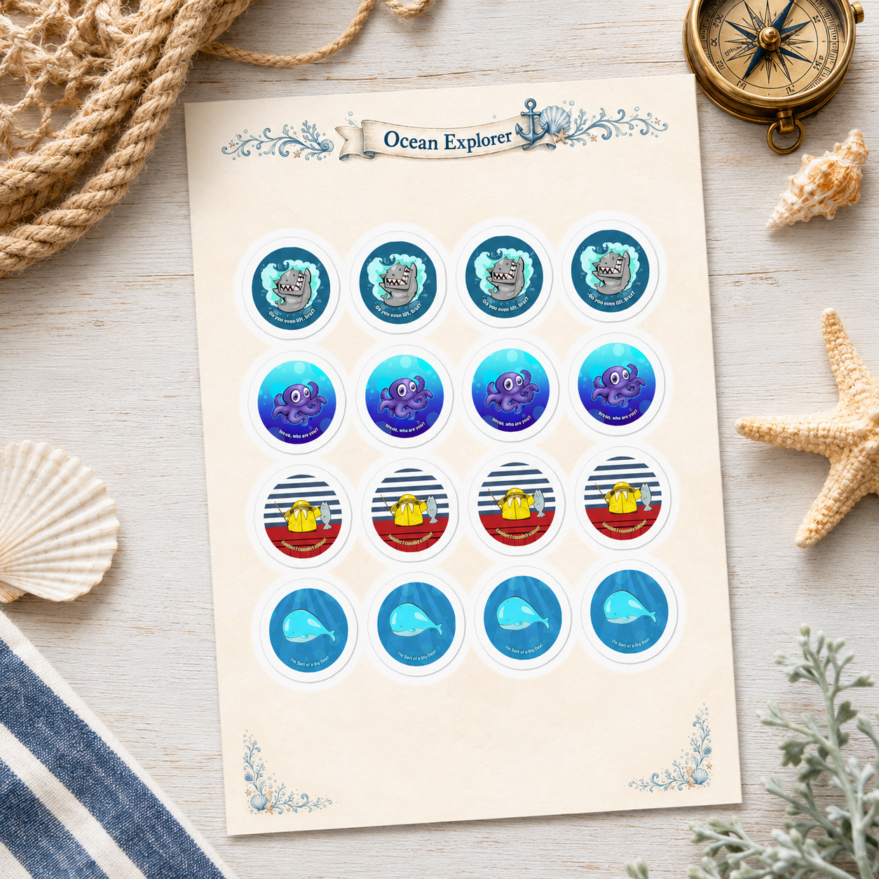 Ocean Explorer Cartoon Sticker Sheet – Cute Nautical Animal Stickers for Kids, Rewards, Journals & Lunchbox Notes