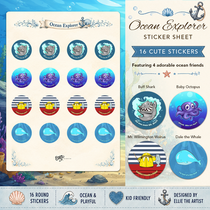 Ocean Explorer sticker sheet with 16 cute stickers featuring 4 cartoon characters: shark, octopus, walrus and whale.
