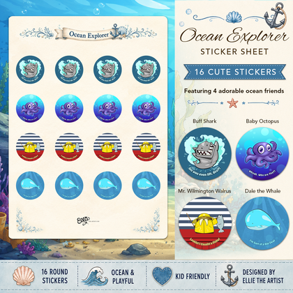 Ocean Explorer sticker sheet with 16 cute stickers featuring 4 cartoon characters: shark, octopus, walrus and whale.