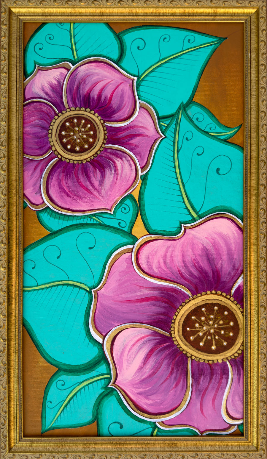 ORIGINAL PAINTING: 'Pink, Teal and Gold Stylized Hibiscus' Fine Art Painting