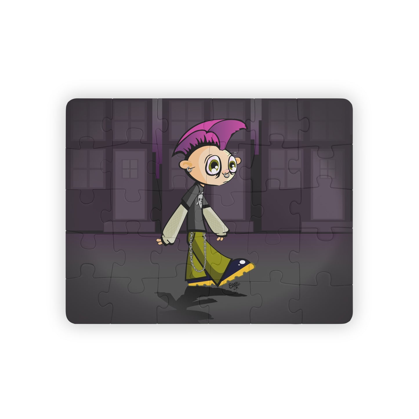 A 30-piece puzzle depicting a cartoon of a punk rock kid with pink hair, wearing a black jacket and green pants, walking on a street with buildings in the background.