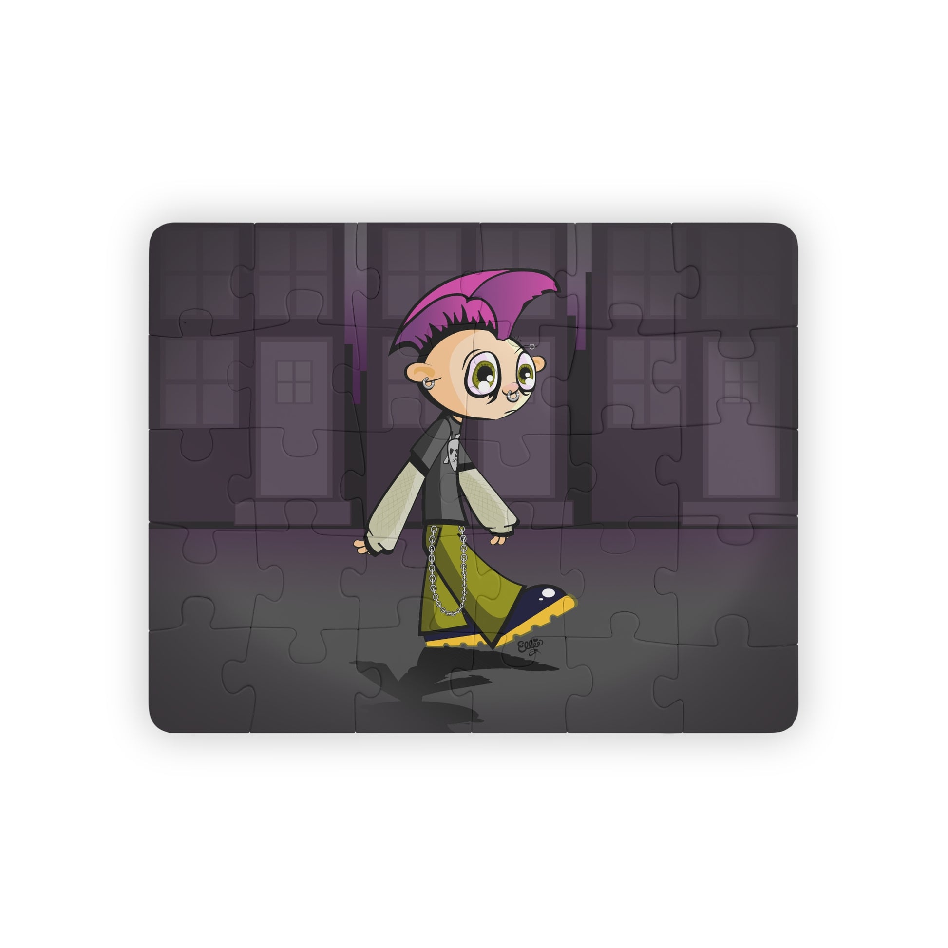 A 30-piece puzzle depicting a cartoon of a punk rock kid with pink hair, wearing a black jacket and green pants, walking on a street with buildings in the background.