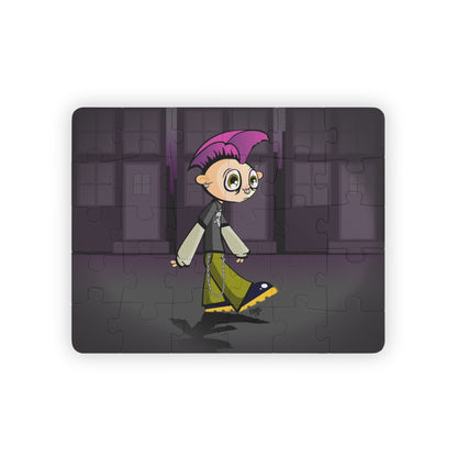 A 30-piece puzzle depicting a cartoon of a punk rock kid with pink hair, wearing a black jacket and green pants, walking on a street with buildings in the background.