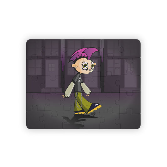 A 30-piece puzzle depicting a cartoon of a punk rock kid with pink hair, wearing a black jacket and green pants, walking on a street with buildings in the background.