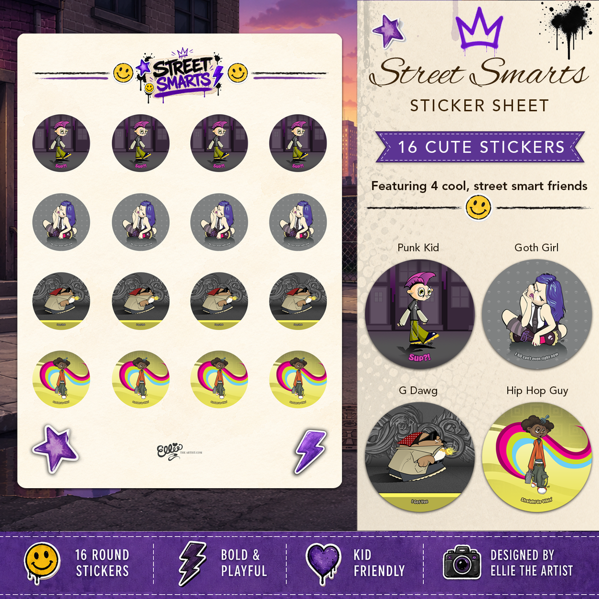Street Smarts sticker sheet with 16 cute stickers featuring 4 cartoon characters: a punk kid, goth girl, G Dawg and Hip Hop Guy.