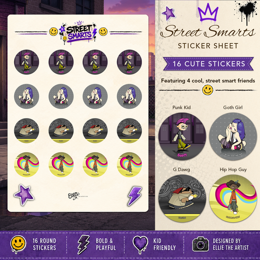 Street Smarts sticker sheet with 16 cute stickers featuring 4 cartoon characters: a punk kid, goth girl, G Dawg and Hip Hop Guy.