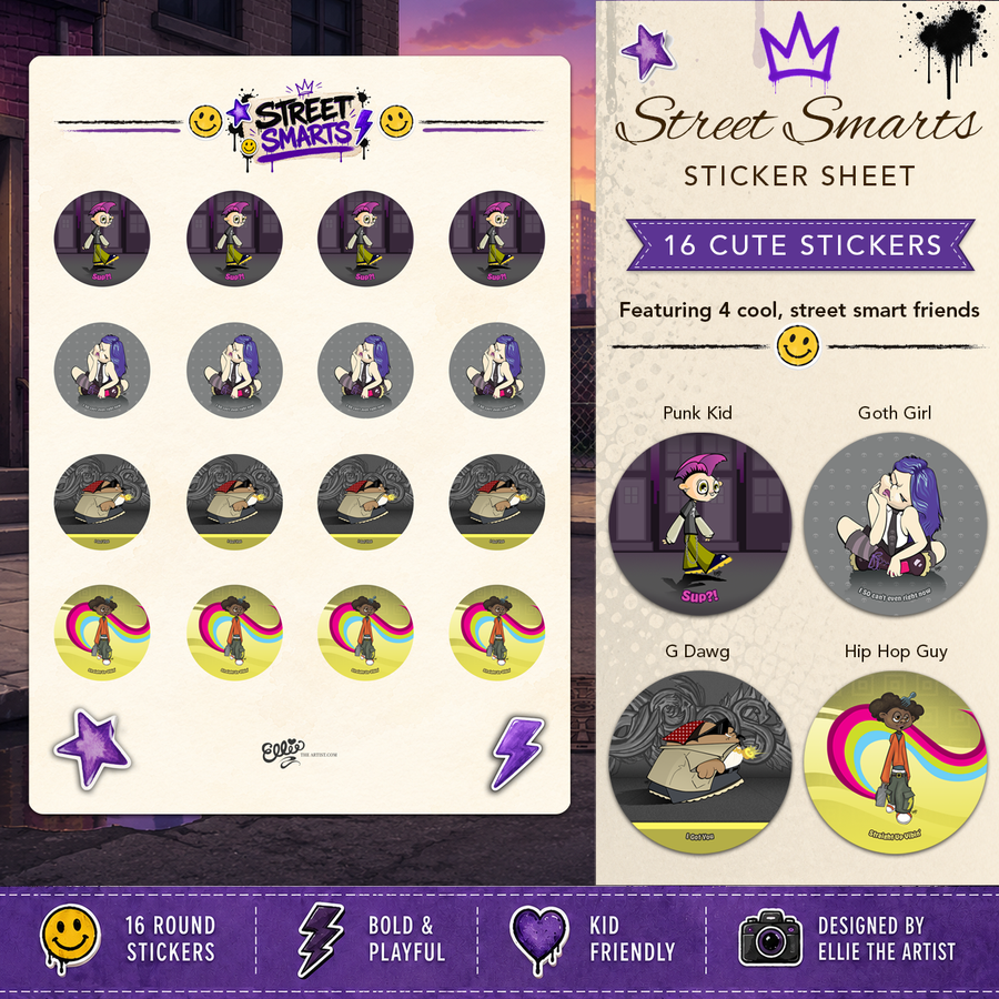 Street Smarts sticker sheet with 16 cute stickers featuring 4 cartoon characters: a punk kid, goth girl, G Dawg and Hip Hop Guy.
