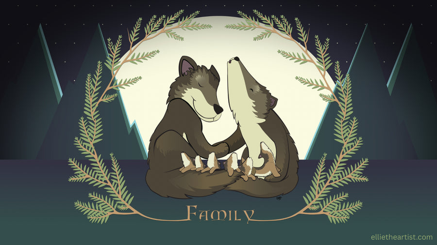 A stylized illustration of two parent wolves embracing in front of a large pale moon with their wolf cubs, framed by green pine branches and the word 'Family' at the bottom. The scene is set against a dark starry sky with geometric mountain shapes.