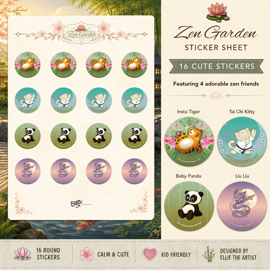 Zen Garden sticker sheet with 16 cute stickers featuring 4 cartoon characters: a tiger, kitty doing tai chi, panda and Chinese dragon.