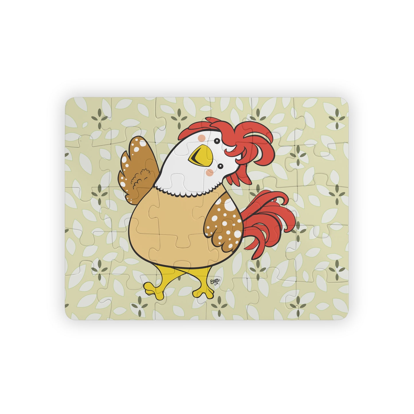 A 30-piece jigsaw puzzle featuring a cartoon illustration of a friendly chicken with a smiling face, displayed on a table with a floral patterned surface.