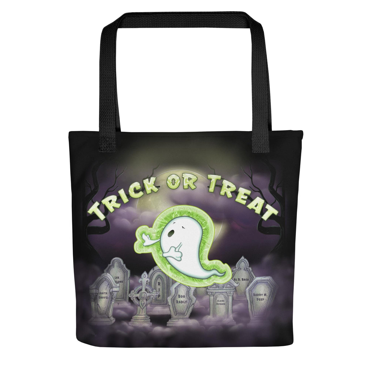 Kids Halloween Trick or Treat Tote Bag w Cute Ghost in Cemetery Graveyard & words 'Trick or Treat' Gift for Kids to go Trick-or-Treating (4)