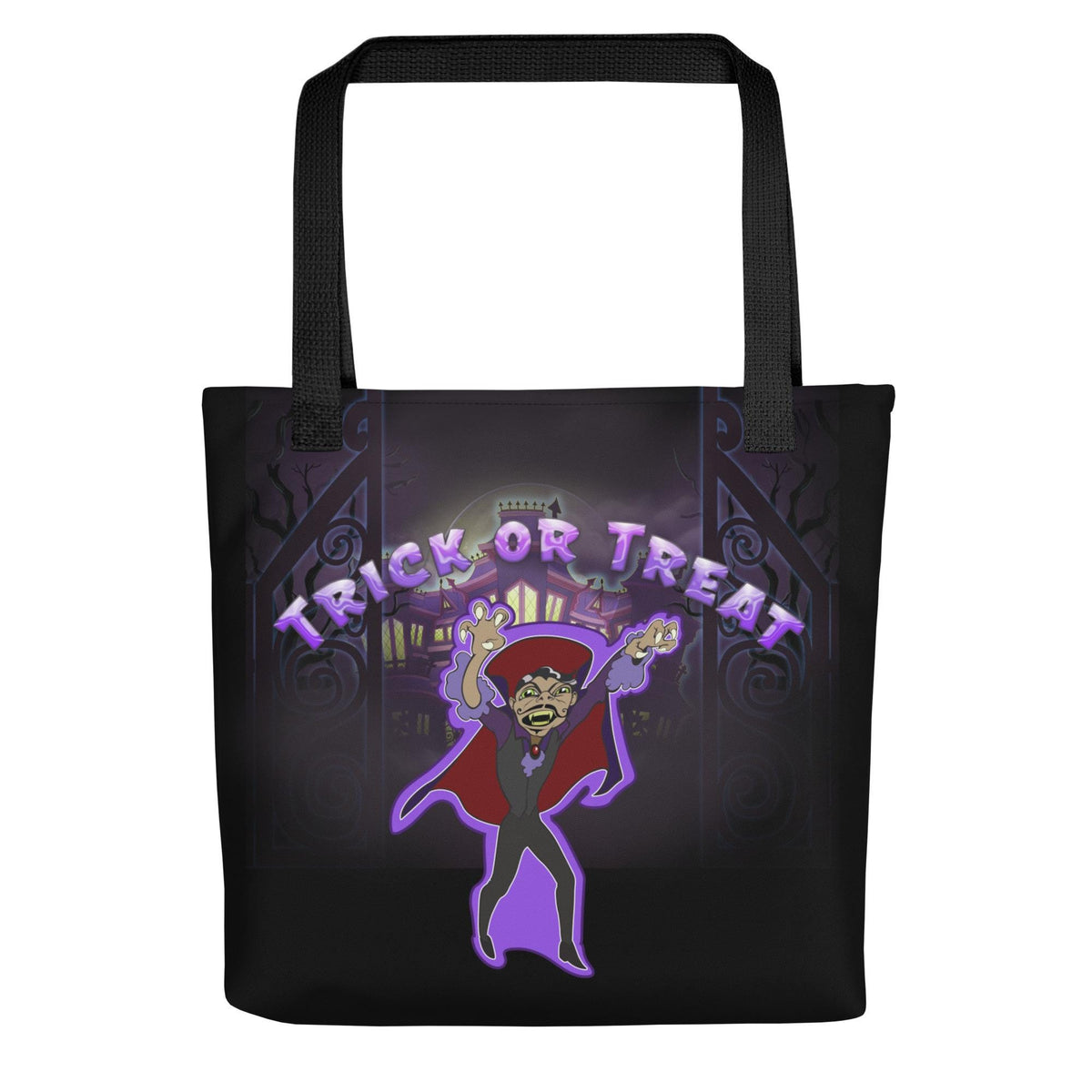 Kids Halloween Trick or Treat Tote Bag w Cartoon Vampire & Haunted House w words 'Trick or Treat' Gift for Kids to go Trick-or-Treating (2)