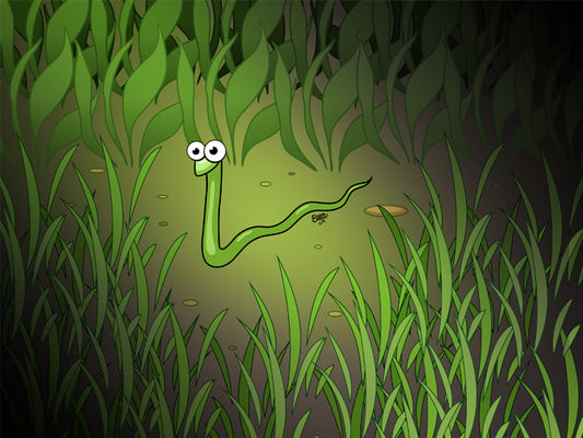 Cartoon snake in grass with a dark background by Ellie the Artist.